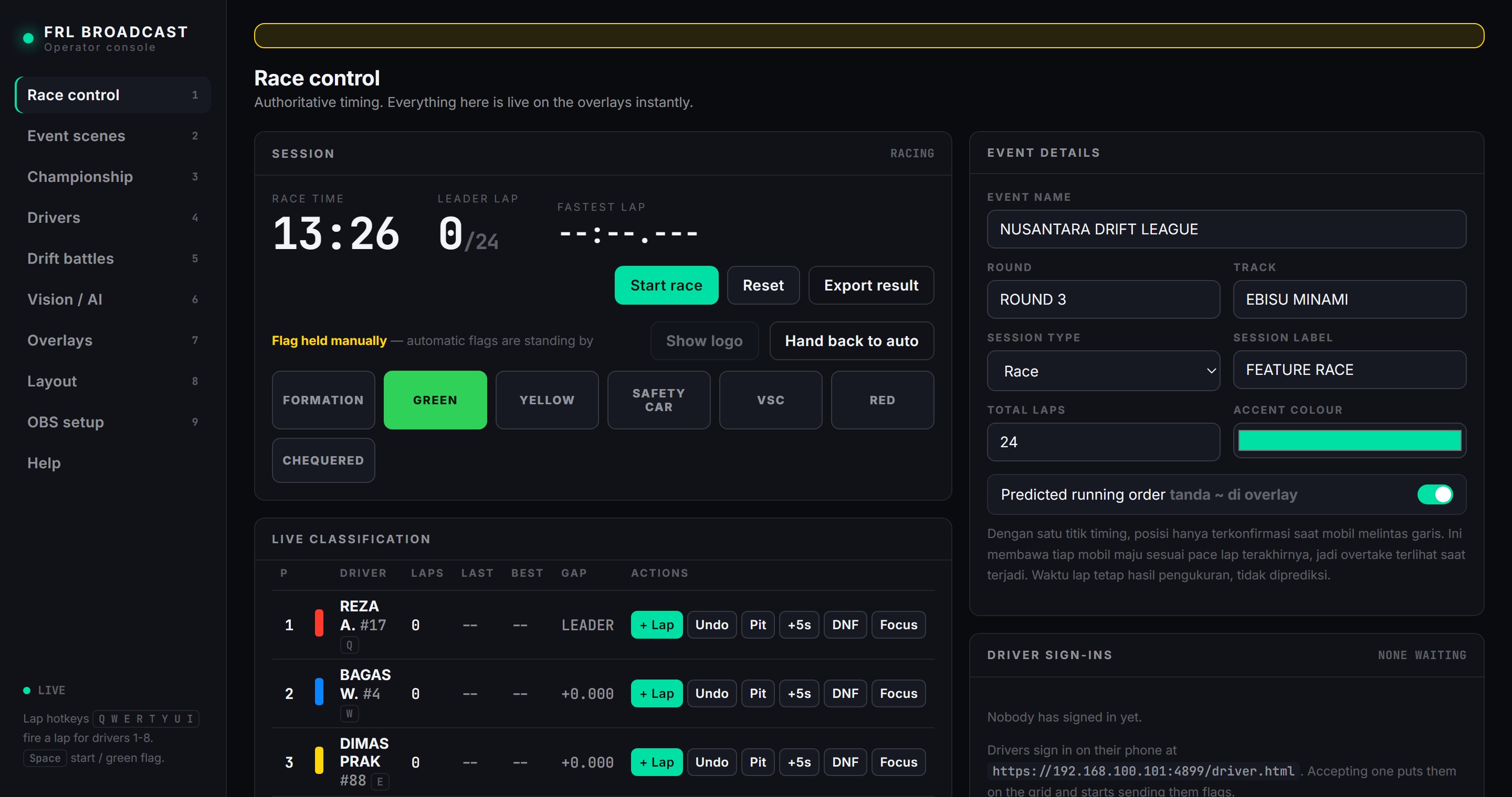 The operator console: session timer, flag buttons from formation to chequered, live classification with per driver lap and penalty controls, and event details.