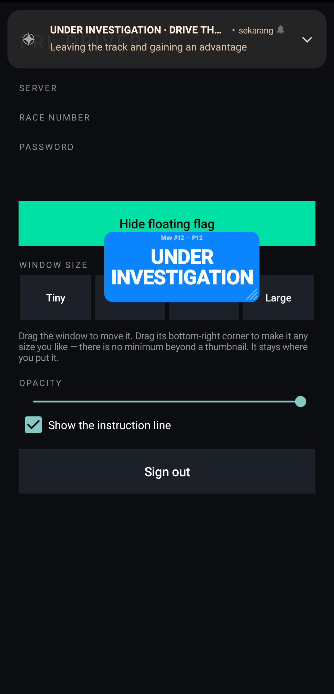 An Android phone showing the driver app with a floating blue window reading UNDER INVESTIGATION over the app, and a notification giving the reason.
